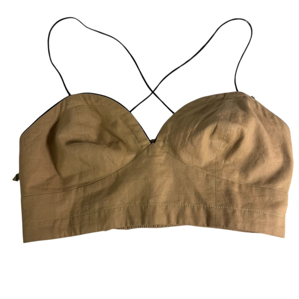 Anthropologie Maeve Seamed Tan/Black Trim Linen Blend‎ Contrast Corset Top Sz 4 - Picture 3 of 7